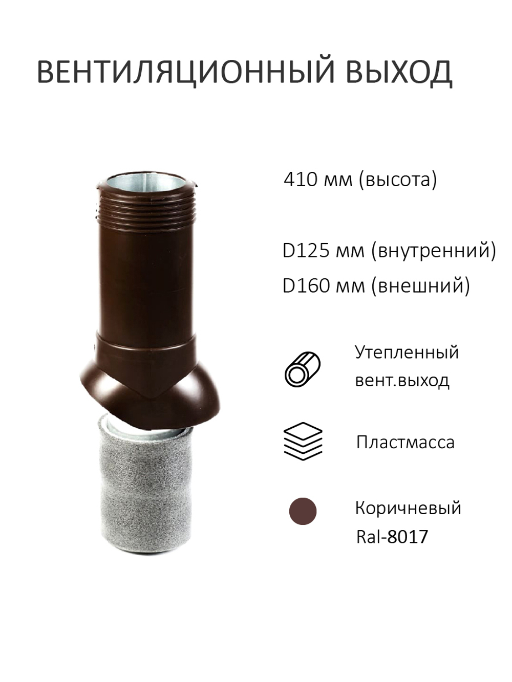 Комплект активной вентиляции: Турбодефлектор TD160, вент. выход утепленный высотой Н-500, для плоской кровли