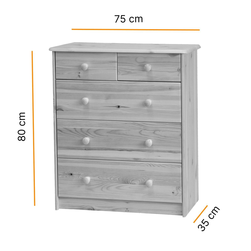 Комод для одежды из сосны Хаба 5 ящиков, 75х35х80 см, в натуральной отделке