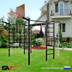 Уличная шведская стенка Sv Sport рукоход с комплектом турник прямой 2шт У5227.1К (Турник/Гнездо 100см/Щит баскет/Кронш бокс/Канат/кольца/лестница/Сетка)