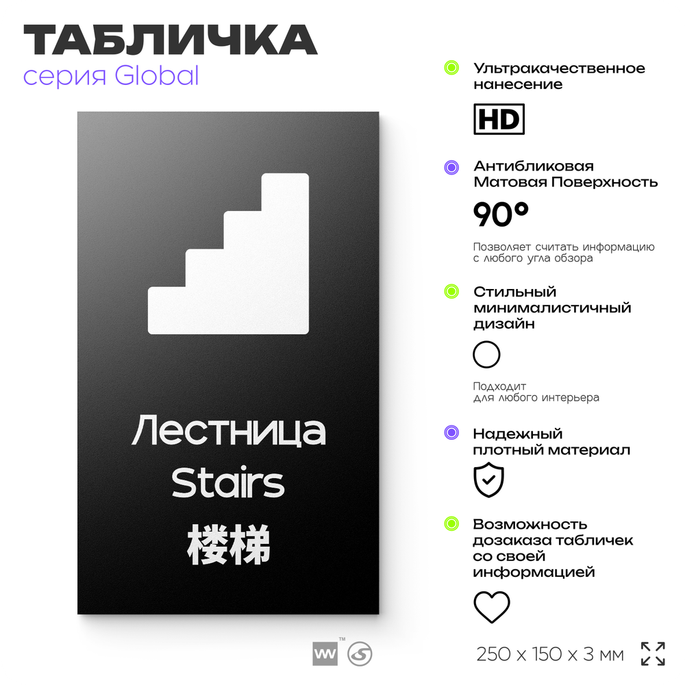 Табличка Лестница, на дверь и стену, информационная и мультиязычная (русский, английский, китайский), серия GLOBAL, 25х15 см, Айдентика Технолоджи
