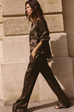 ZARA РУБАШКА ИЗ САТИНА В ПОЛОСКУ, ХАКИ