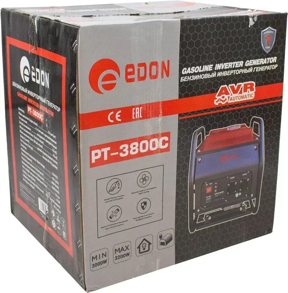 Генератор бензиновый инверторный EDON PT-3800C (3.2 кВт, 2800 об/мин, бак 8 л, 2 розетки, ручной стартер) / бензогенератор / резервный источник питания