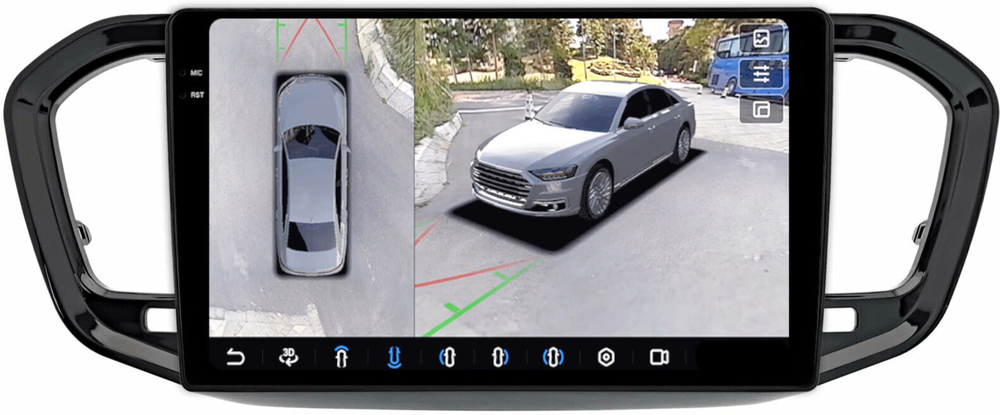 Магнитола для Lada Vesta NG 2023+ (ШГУ, рамка черная глянцевая) - FarCar BX9-360-7289B9GL монитор 9.5" 2K QLED на Android 13, 6Гб+128Гб, CarPlay, 4G SIM-слот, 4 камеры в комплекте