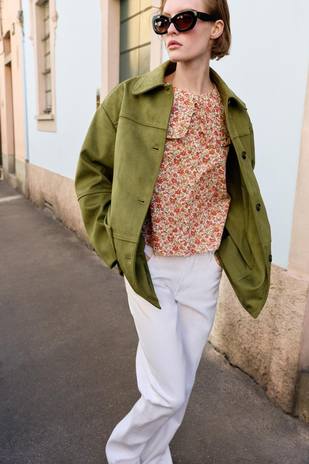 ZARA ПАЛЬТО ИЗ ИСКУССТВЕННОЙ ЗАМШИ, ФИСТАШКОВЫЙ