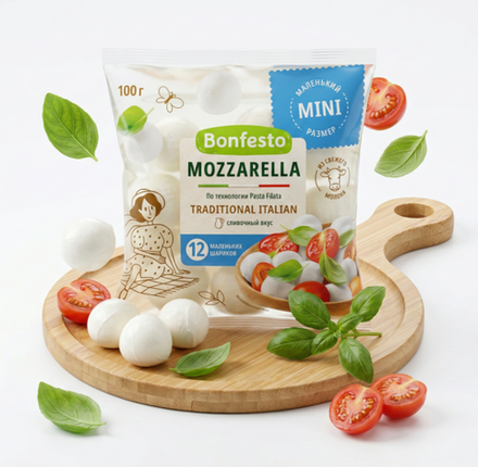Сыр Моцарелла Мини в рассоле 45% 100г с заливкой 250г Bonfesto, Беларусь