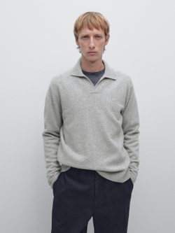 Massimo Dutti Свитер поло из смесовой шерсти с V-образным вырезом, светло-серый
