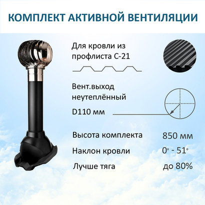 Комплект активной вентиляции: Турбодефлектор TD110 НСТ, вент.выход 110 не утепленный, для кровельного профнастила С-21 мм, черный