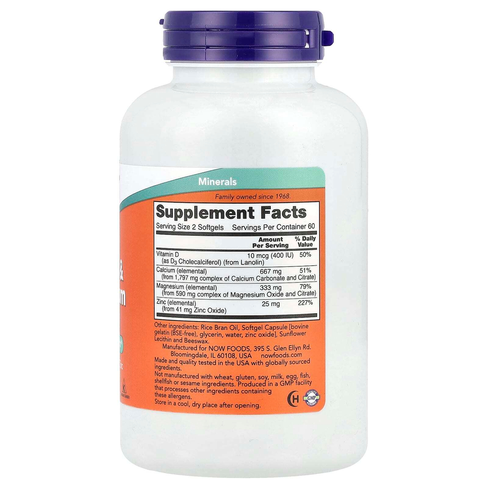 NOW Foods, Кальций и магний с витамином D3 и цинком, 120 мягких таблеток