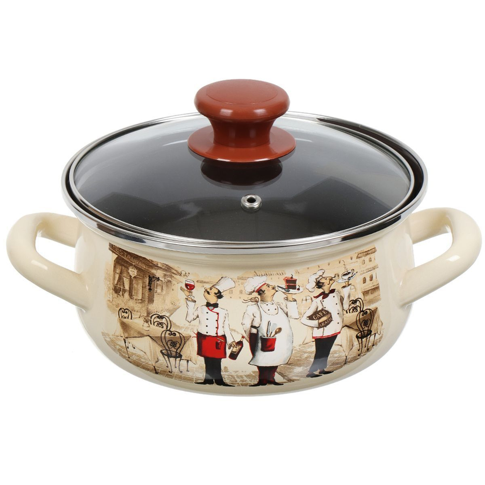 Кастрюля сталь, эмал, 1.5 л, с крыш, крышка стекло, с декором, кругл, Керчь, Сомелье, 61904-082/4.02