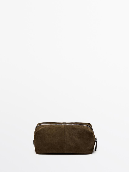 Massimo Dutti Косметичка из замшевой кожи на молнии, хаки