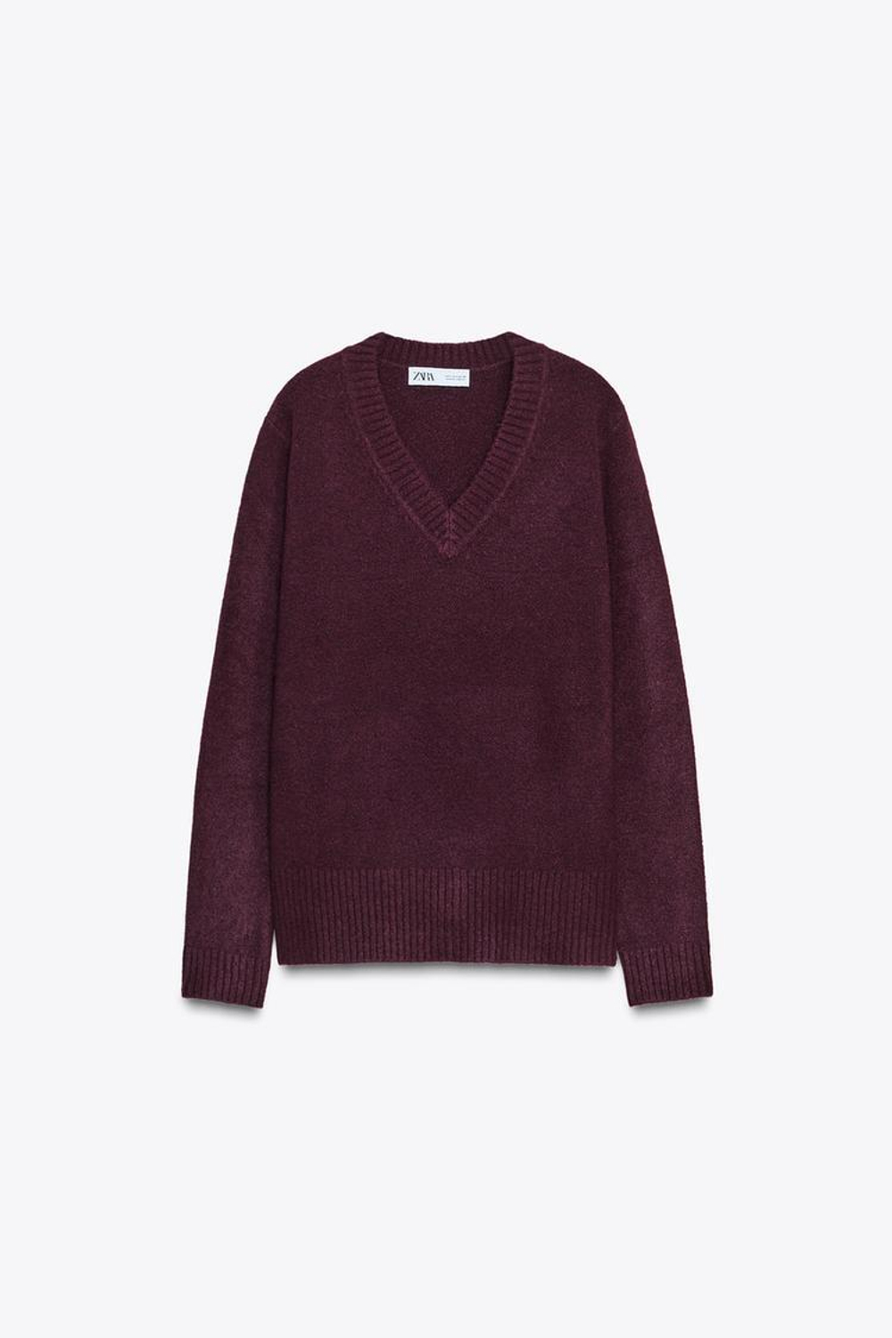 ZARA ТРИКОТАЖНЫЙ ДЖЕМПЕР С V-ОБРАЗНЫМ ВЫРЕЗОМ, БУРГУНДИ