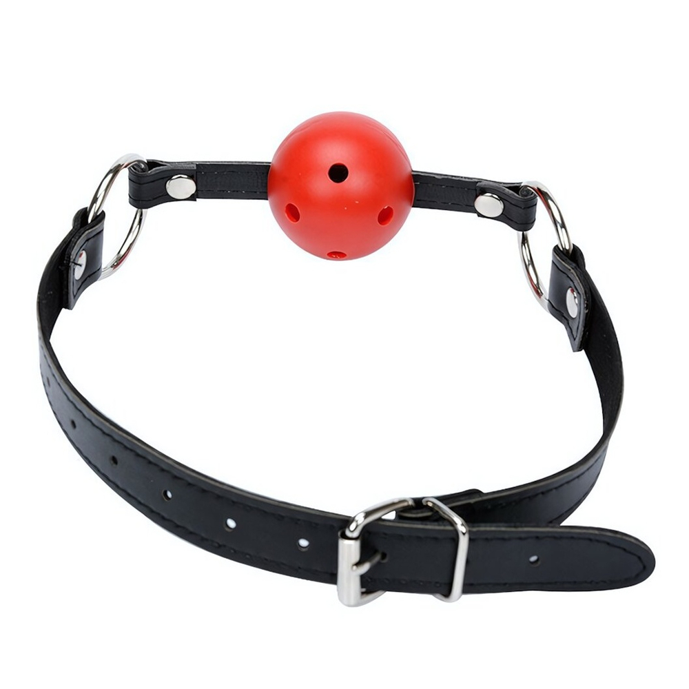 Дышащий кляп на кожаном ремешке с застежкой Onjoy BDSM Breathable Ball Gag (красный) (Цвет: черный с красным)