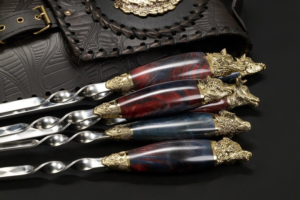 Подарочный набор шампуров "Премиальный №2", Карельская береза, чехол из натуральной кожи