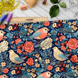 Ткань премиум интерлок сказочные птицы в сине-красной палитре
