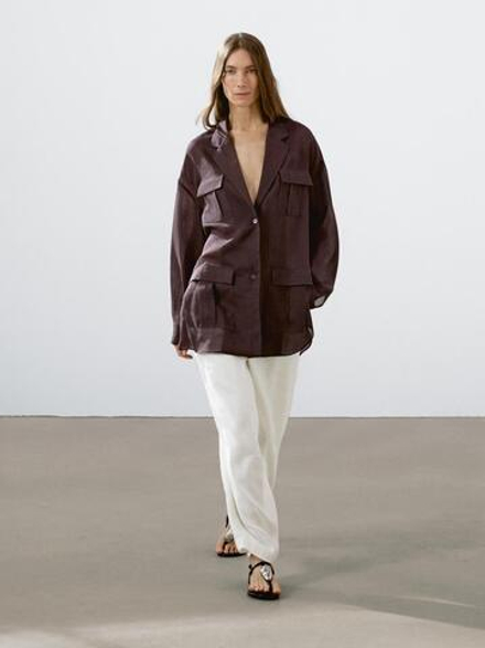 Massimo Dutti Рубашка из струящейся ткани с карманами, гранатовый