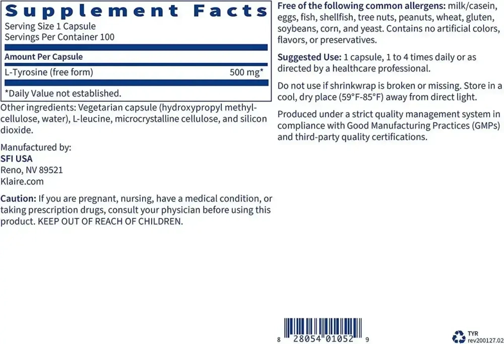 KLAIRE LABS - L-Tyrosine - 120 x 500 mg capsules