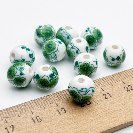 Бусины Шар с цветами, керамика, цвет зеленый, размер около 10 мм, цена за 1 шт