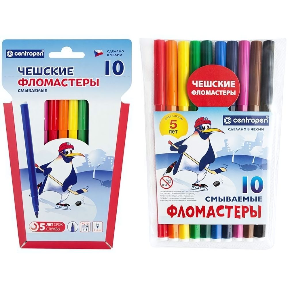 Фломастеры 10цв., смываемые &quot;Пингвины&quot; (Centropen)