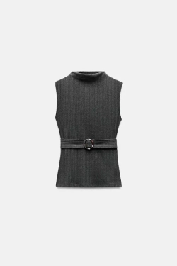 ZARA ТОП В РУБЧИК С ПОЯСОМ, СЕРЫЙ С МЕЛАНЖЕВЫМ ЭФФЕКТОМ