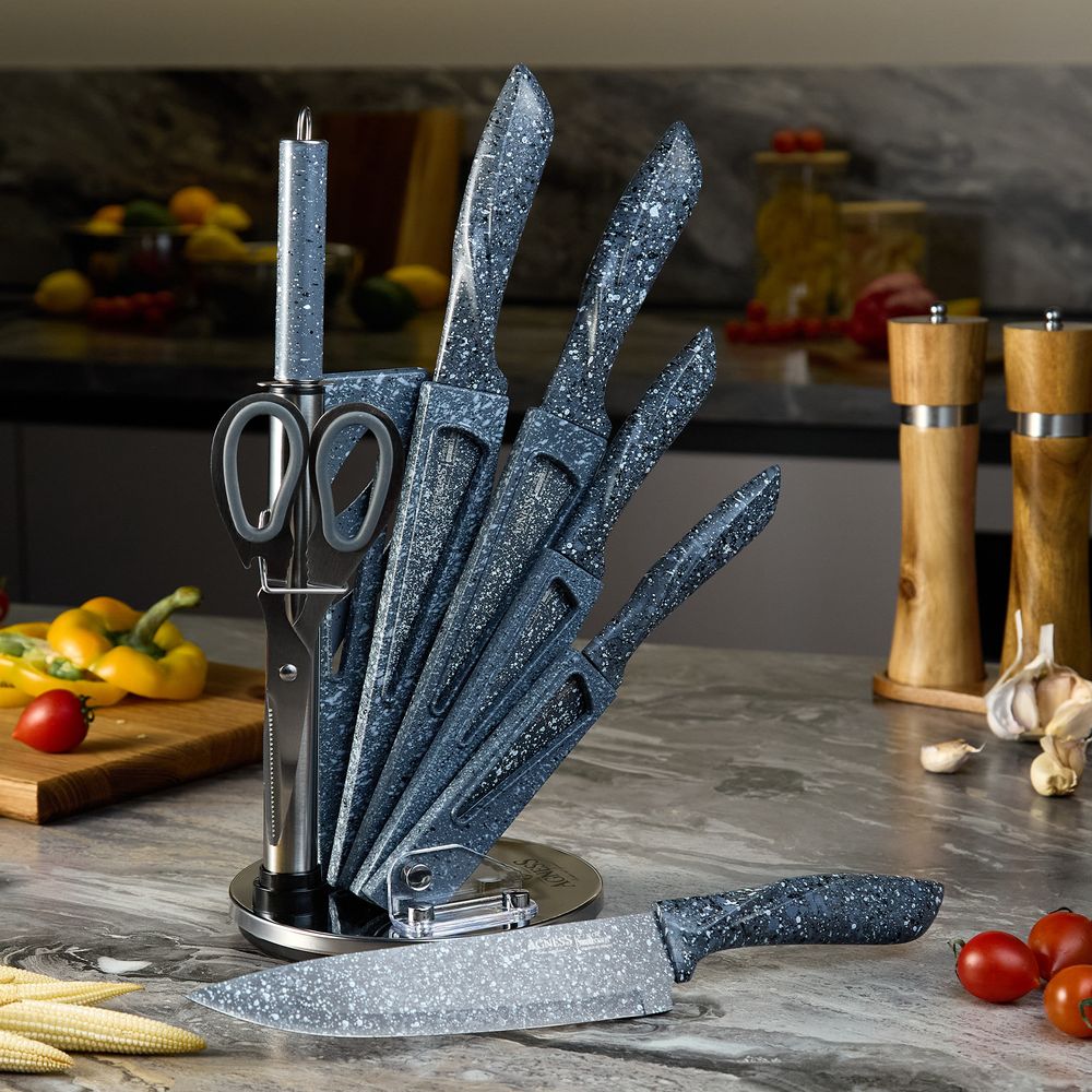 НАБОР НОЖЕЙ AGNESS "МОНБЛАН" С НОЖНИЦАМИ И МУСАТОМ НА ПЛАСТИКОВОЙ ПОДСТАВКЕ, 8 ПРЕДМЕТОВ