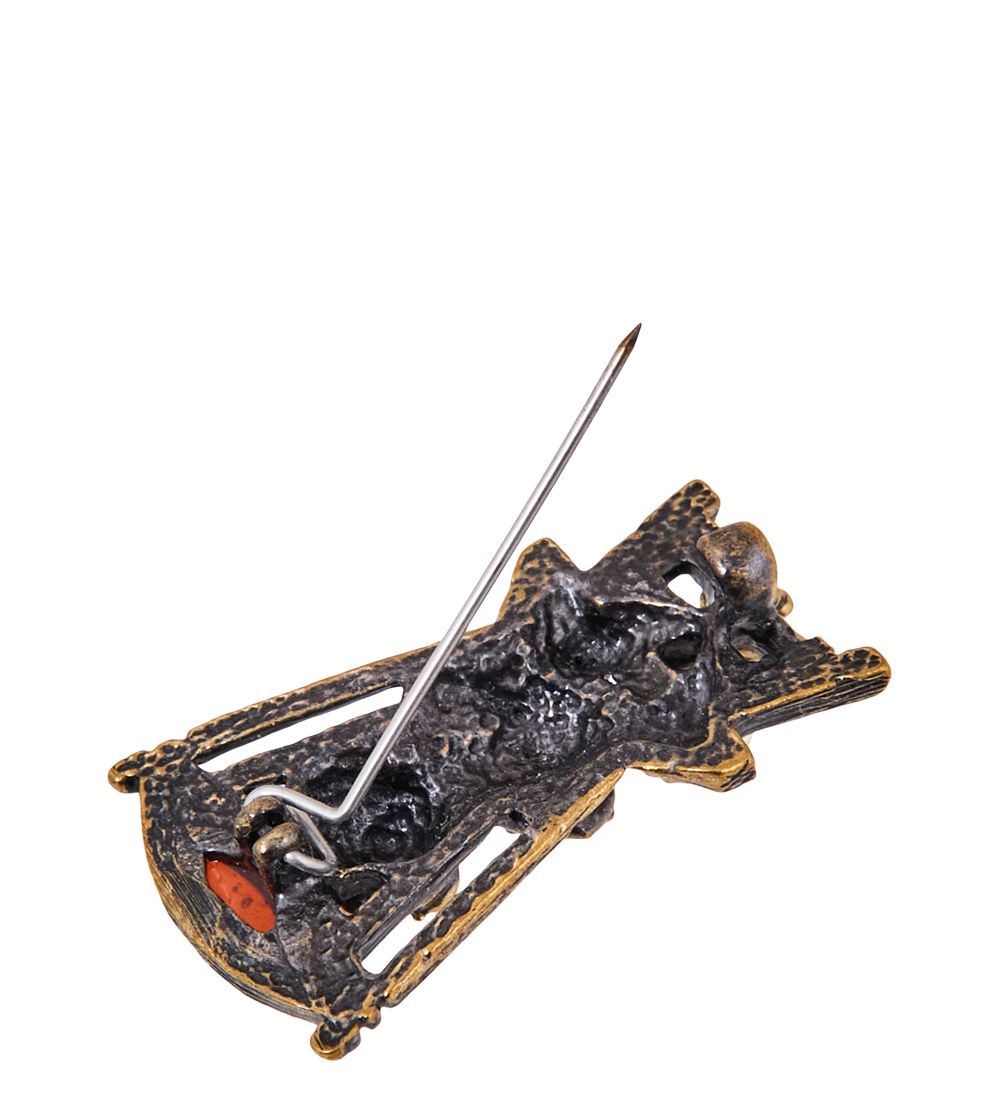 AM-3885 Брошь «Лягушка в ожидании» (латунь, янтарь)