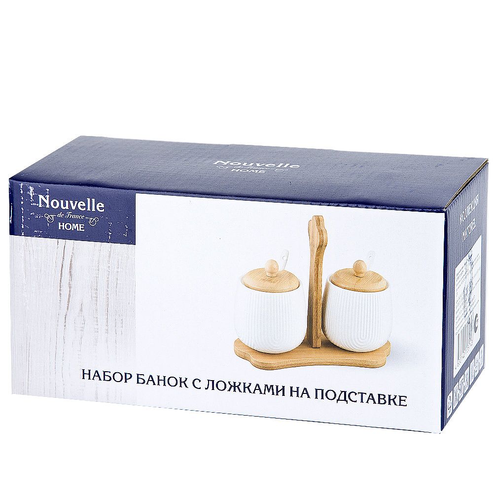Набор из 2х банок с ложками на бамбуковой подставке " " v 350мл 20х10х17см