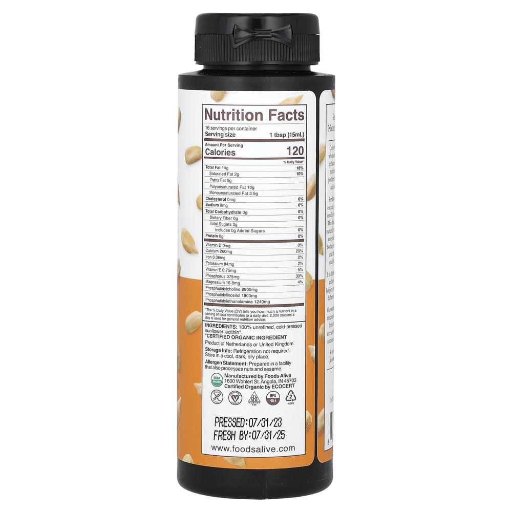 Foods Alive, органический жидкий подсолнечный лецитин, 236 мл (8 жидк. унций)
