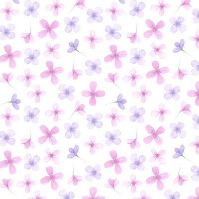 Весенний принт. Розовые и сиреневые цветы, весенняя зелень. Цветочный принт