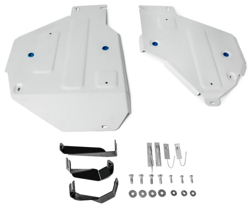 Защита топливного бака Rival для Audi Q7 II (V - 3.0; 3.0D) 2015-2020/Audi Q7 II рестайлинг (V - 3.0D) (45 quattro tiptronic) 2020-н.в./Audi Q8 (V - 3.0) 2018-н.в., штампованная, алюминий 4 мм, с крепежом, 2 части, 333.0352.1