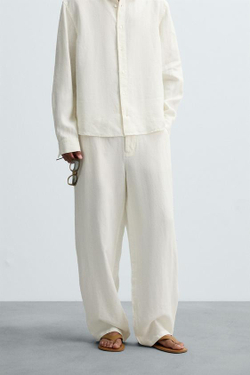 ZARA БРЮКИ СВОБОДНОГО КРОЯ ИЗ 100% КОНОПЛИ, ЖЕЛТОВАТО-БЕЛЫЙ