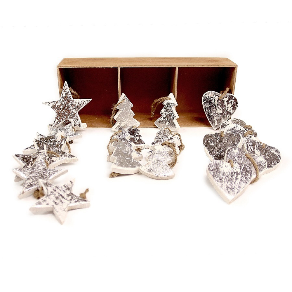 Украшения подвесные silver stars/trees/hearts, деревянные, в подарочной коробке, 24 шт.