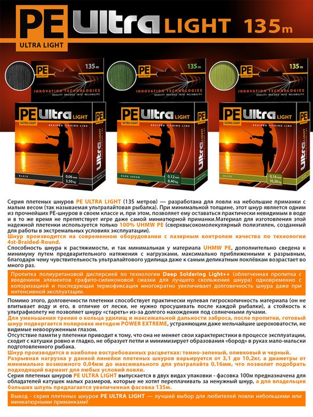 Плетеный шнур для рыбалки PE ULTRA LIGHT Black 0,04mm 135m