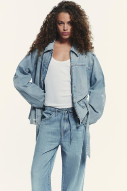 ZARA СТРУЯЩИЕСЯ ДЖИНСЫ TRF НА ШНУРКЕ, СИНИЙ