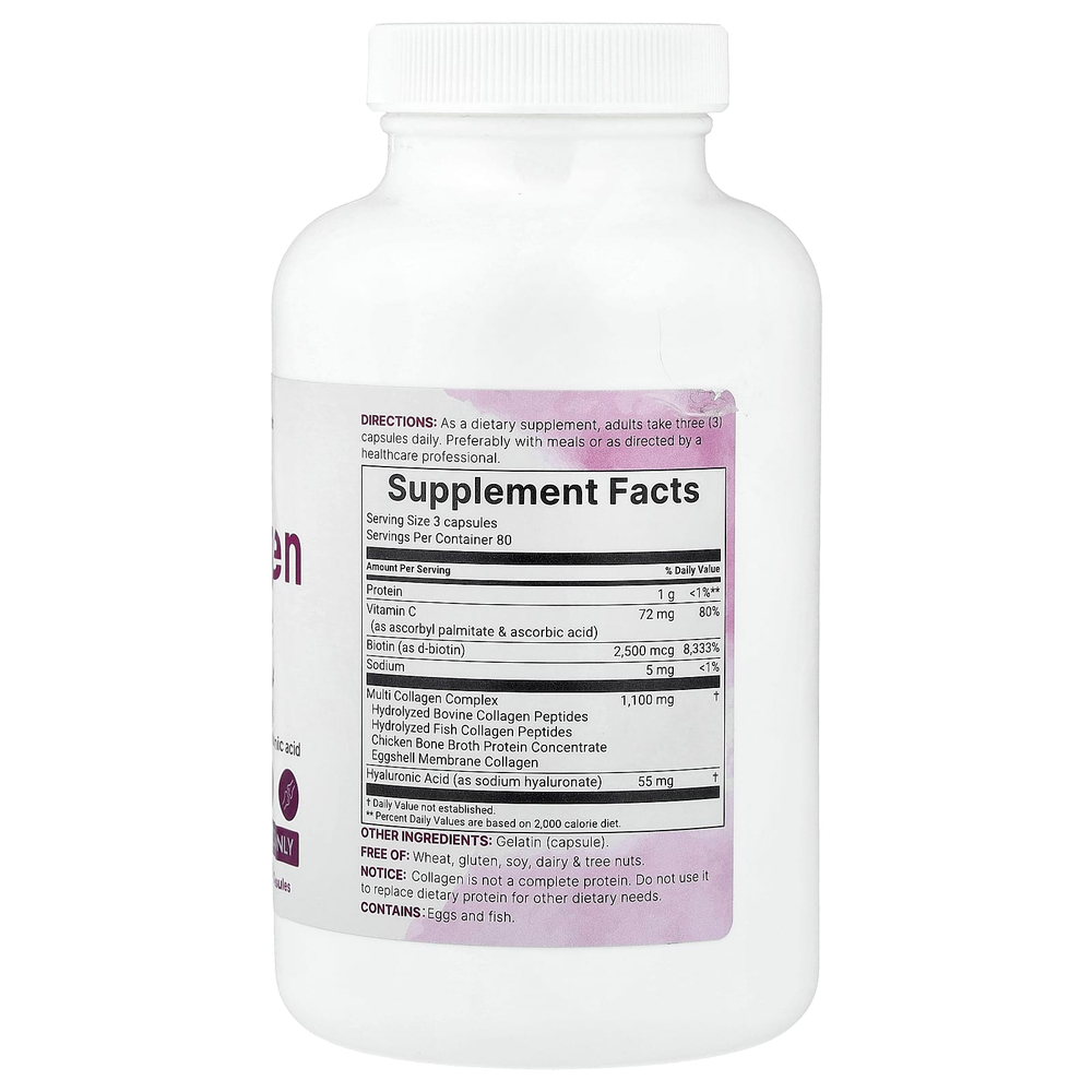 Micro Ingredients, комплекс пептидов коллагена нескольких типов, с биотином, витамином C и гиалуроновой кислотой, 240 капсул