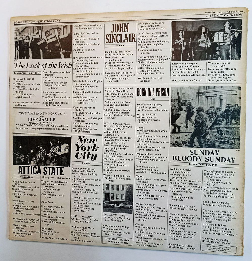Винтажная виниловая пластинка John Lennon and Yoko Ono Plastic Ono Band With Elephants Memory And Invisible Strings Some Time In New York City (UK 1972)