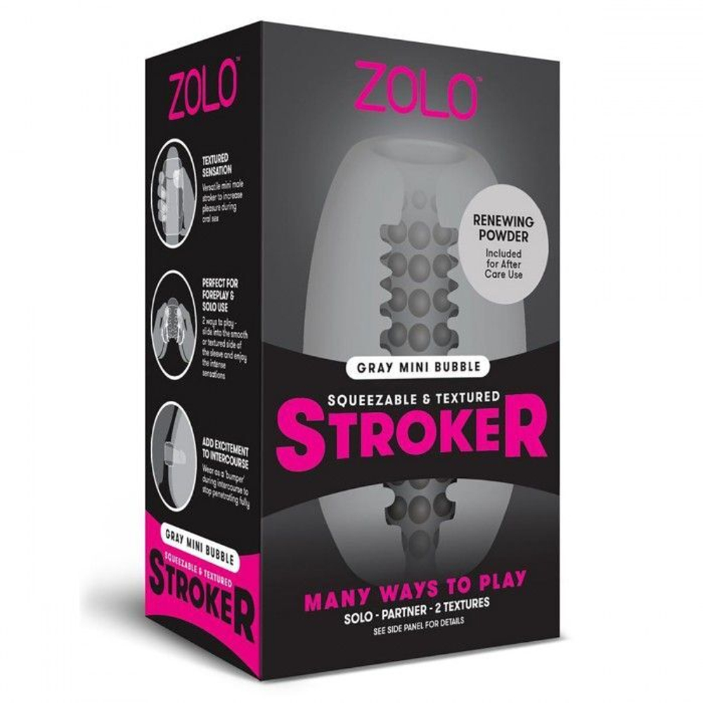 Мастурбатор Zolo MINI BUBBLE двусторонний, 8 см, серый