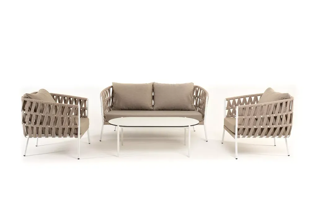 "Диего" лаунж-зона 4-местная плетеная из роупа (веревки), каркас алюминиевый белый, роуп бежевый