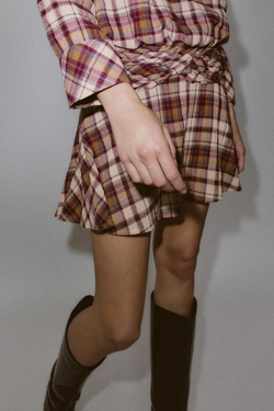 ZARA МИНИ-ПЛАТЬЕ В КЛЕТКУ, ЭКРЮ/ГРАНАТОВЫЙ