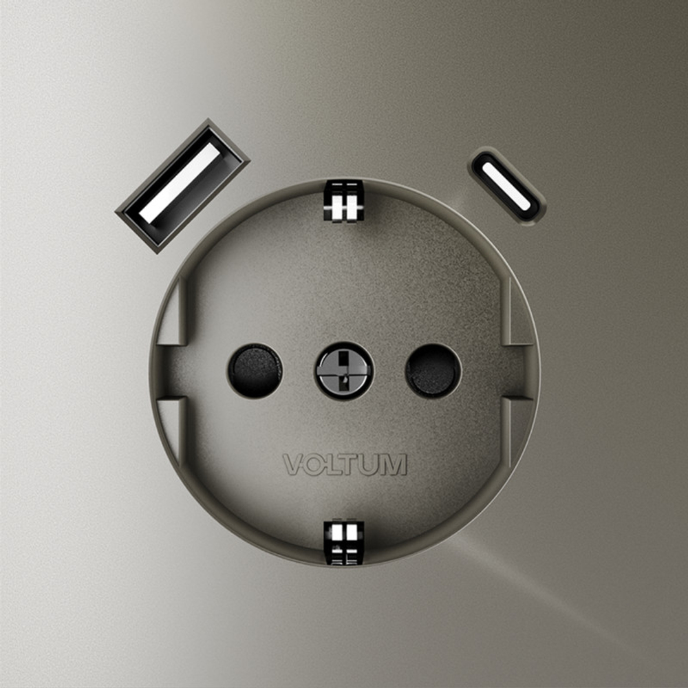 Розетка встраиваемая VOLTUM S70 с заземлением и защитными шторками, 16А, с USB, A+С, (шелк)