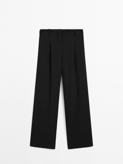 Massimo Dutti Брюки из струящейся ткани со средней посадкой и пряжками, черный