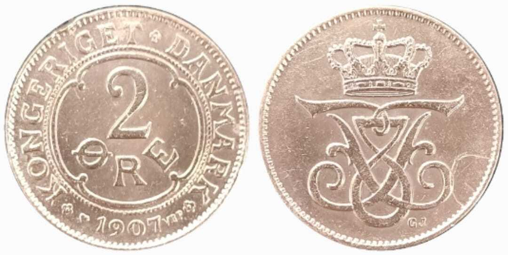 Дания 2 эре, 1907-1912 Король Фредерик VIII VF