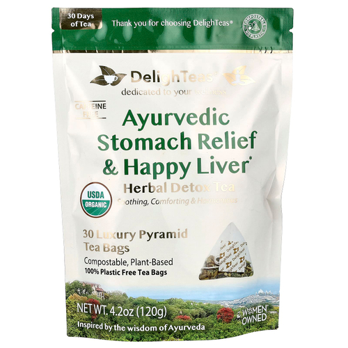 DelighTeas, Ayurvedic Stomach Relief & Happy Liver, травяной чай для выведения токсинов, без кофеина, 30 роскошных чайных пакетиков Pyramid, 120 г (4,2 унции)