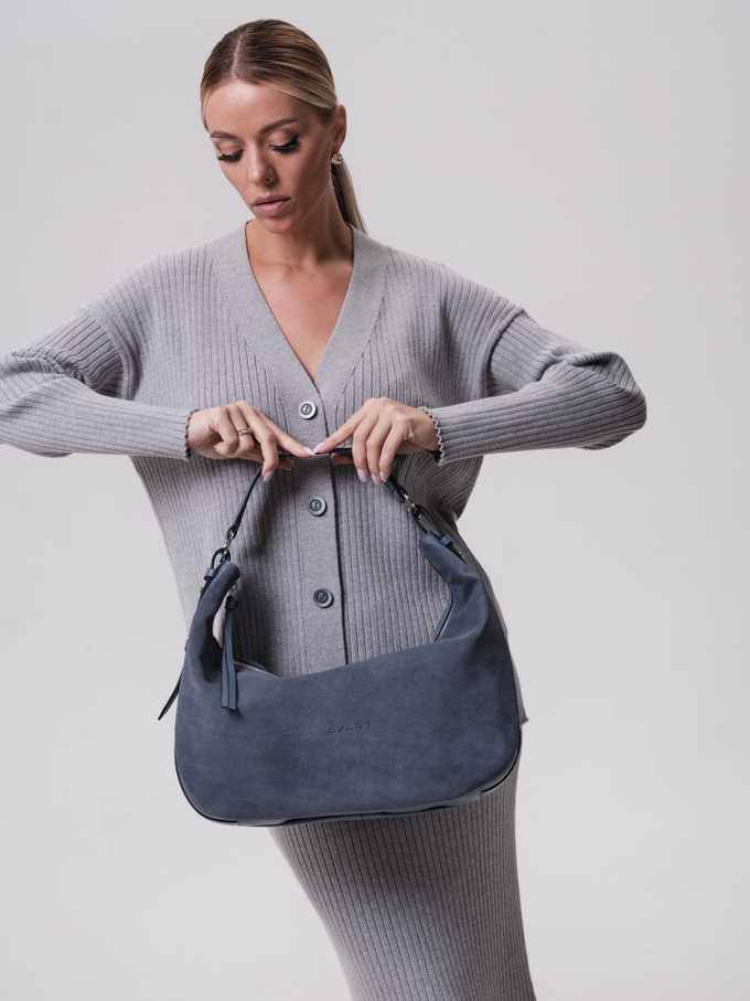 Сумка замшевая багет серо-голубая