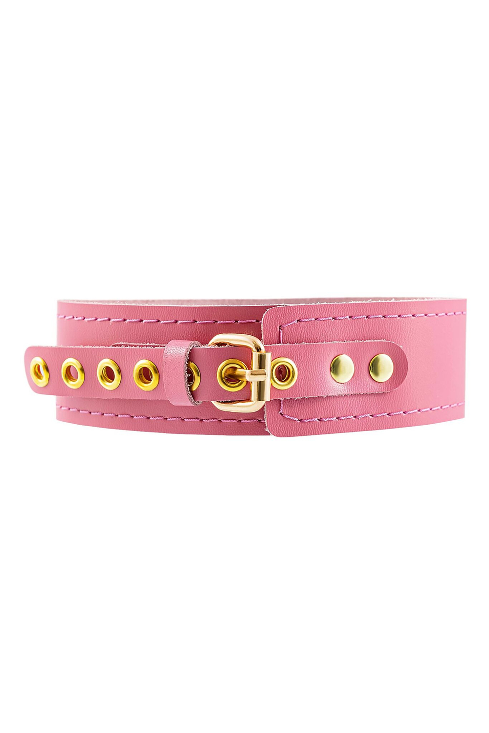 Розовый кожаный однослойный ошейник с прошивкой (Цвет: розовый)