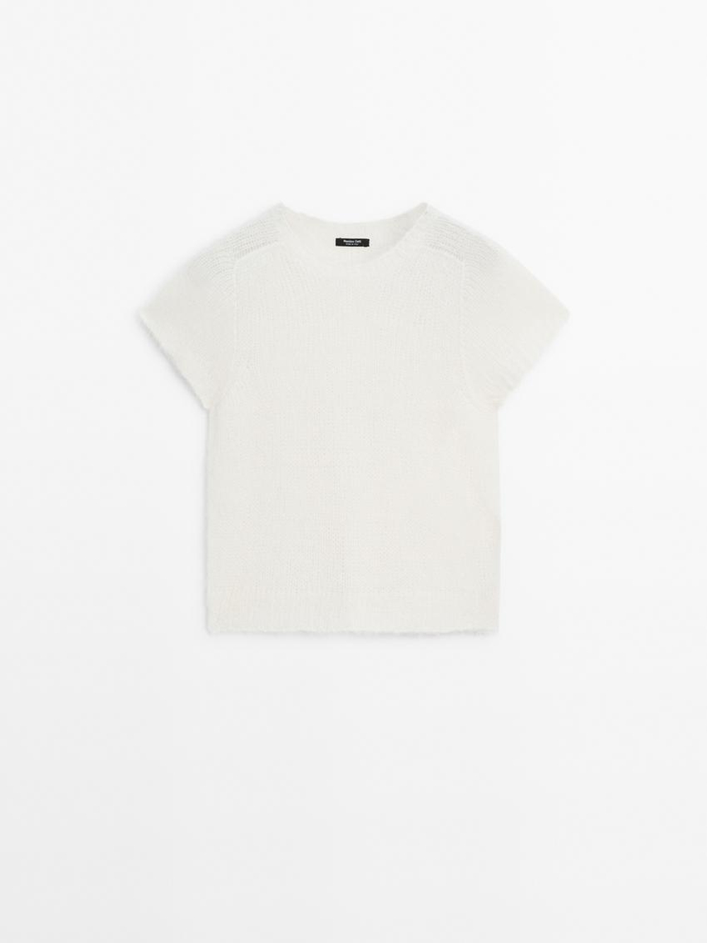 Massimo Dutti Трикотажный свитер из смесовой альпаки с короткими рукавами, натуральный, кремовый