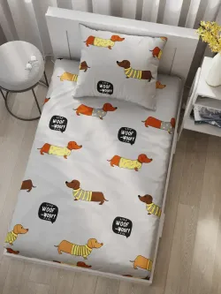 Постельное белье поплин Сказка "Таксик" 1,5-сп Наволочка 50х70 см 1 шт Простынь на резинке 90x200 смПододеяльник 145x215 см