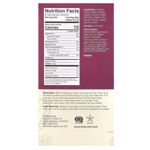 Teeccino, обжаренный травяной чай, ванильно-ореховый вкус, без кофеина, 25 чайных пакетиков, 150 г (5,3 унции)