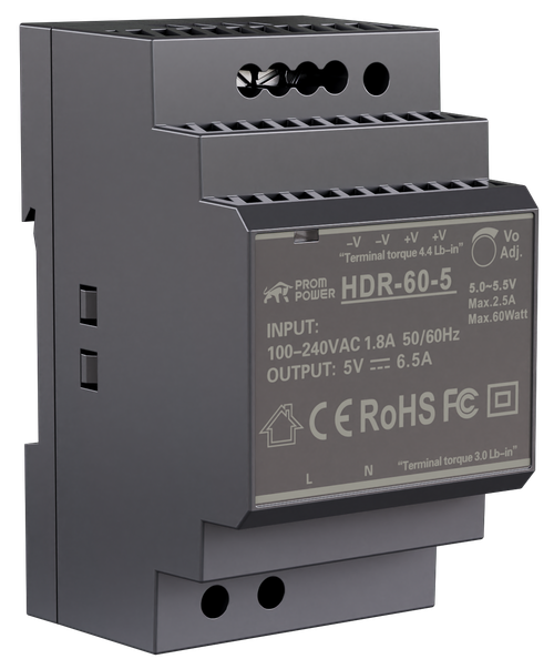 Источник питания PROMPOWER HDR-60-5, на вых. 5 В DC, 6.5А, 32.5Вт. Вх. 85-264В AC (120-370 В DC)