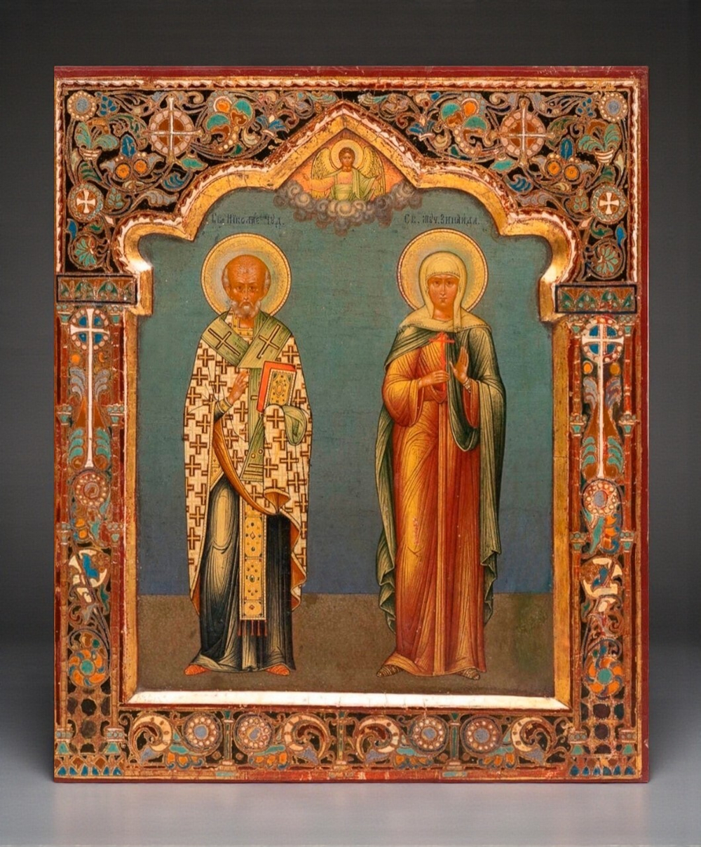 Николай Чудотворец и Зинаида Тарсийская мученица. Деревянная икона на левкасе
