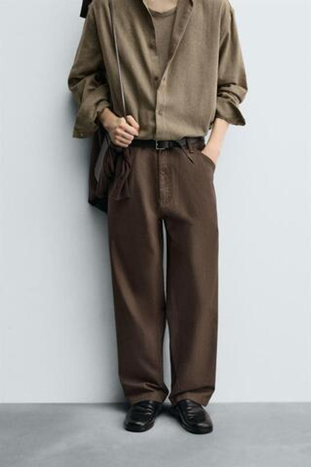 ZARA ВЫСТИРАННЫЕ БРЮКИ STRAIGHT FIT, КОРИЧНЕВЫЙ